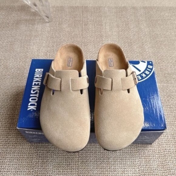 Birkenstock Boston Clog Suede Sandal Taupe - Picture 1 of 7
